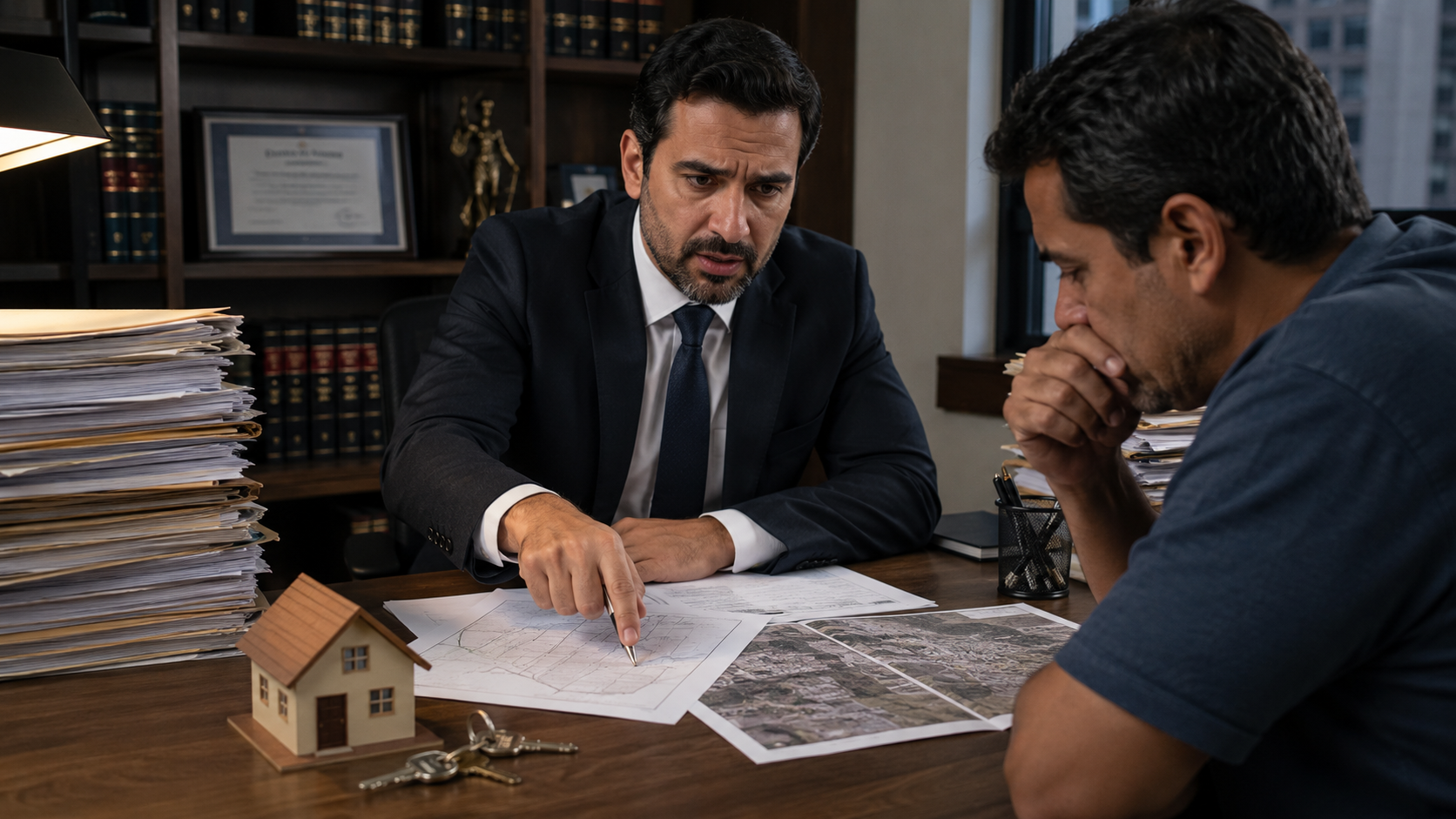 Advogado analisando planta e documentos com possíveis obstáculos à usucapião extrajudicial.
