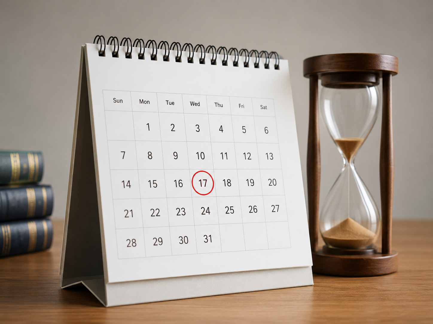 Calendário e ampulheta no escritório representando prazo para abrir inventário
