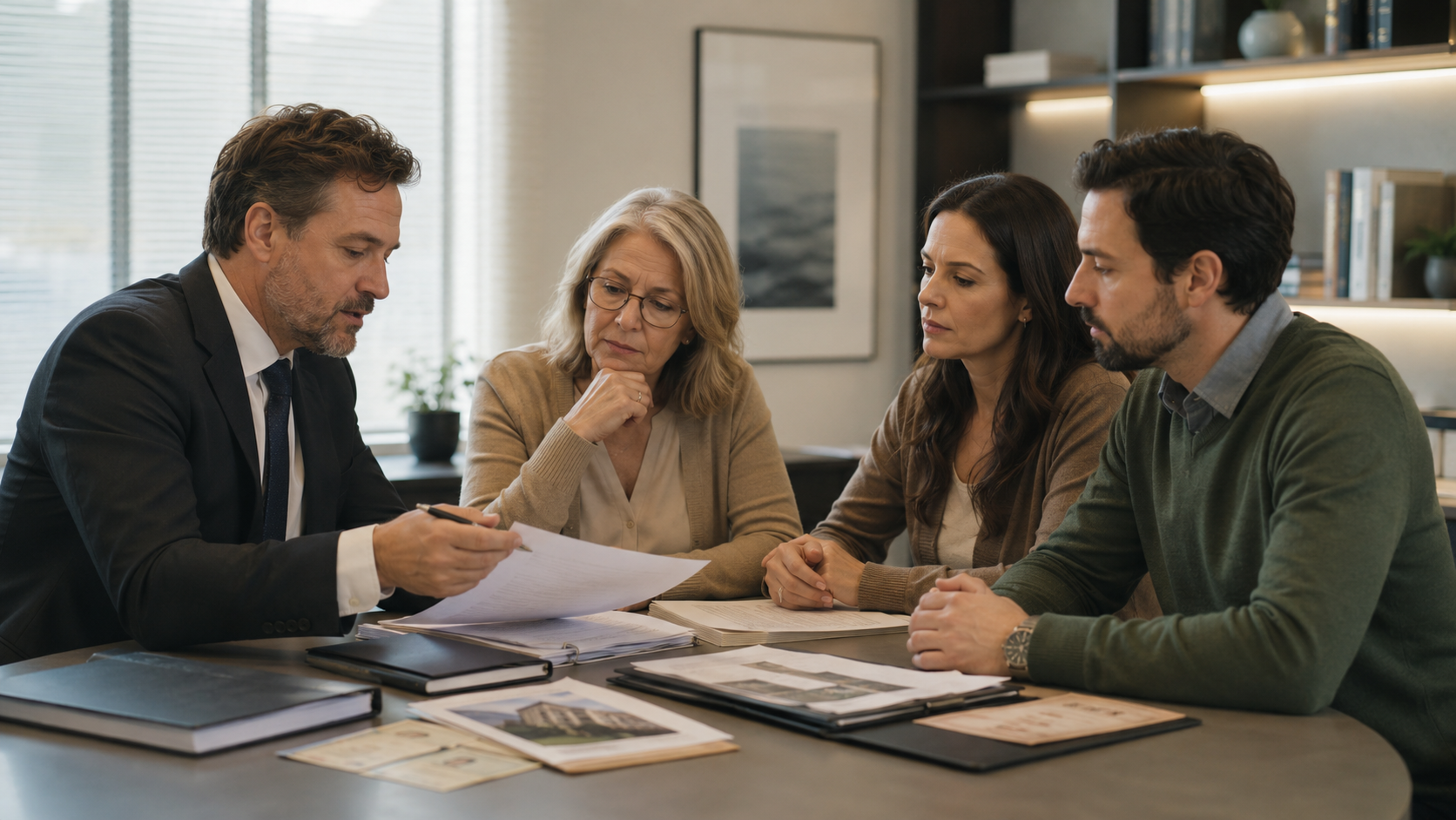 Família analisando documentos de inventário para decidir entre inventário judicial ou extrajudicial