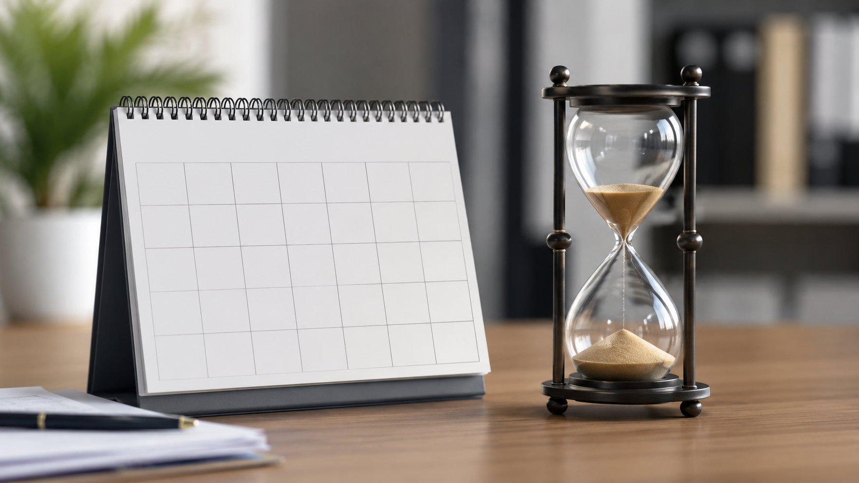 Mesa de escritório com calendário e ampulheta representando prescrição em execução fiscal