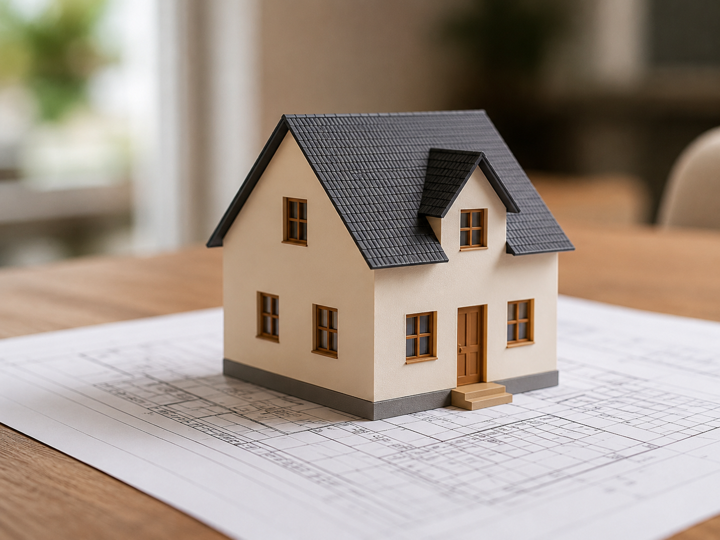 Modelo de casa sobre projetos arquitetônicos representando imóvel sem escritura no inventário