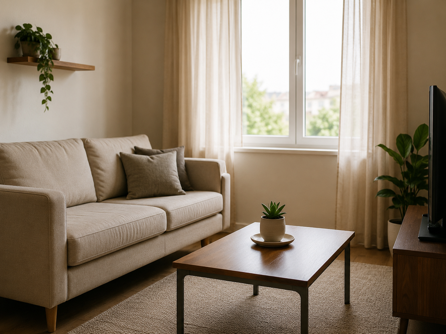 Sala de estar minimalista e aconchegante representando imóvel ocupado por herdeiro